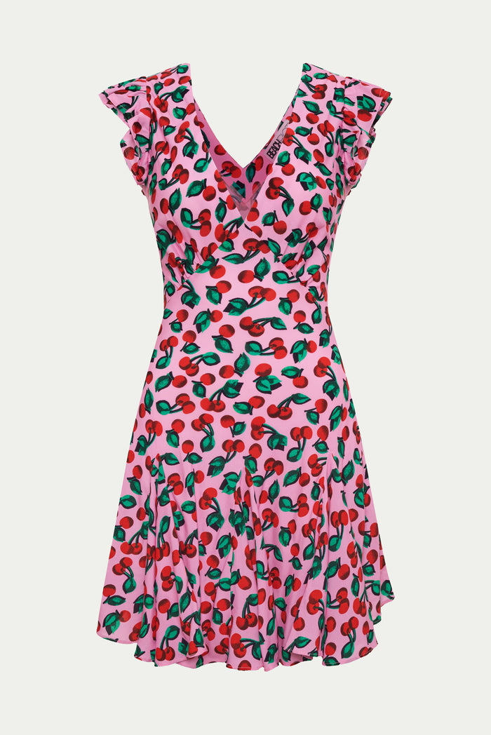 Pink dress with red cherries.