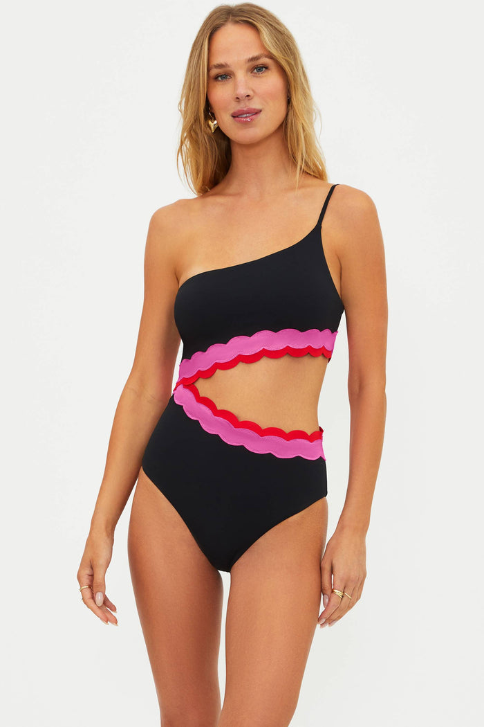 Black cut out one piece with pink scalloping