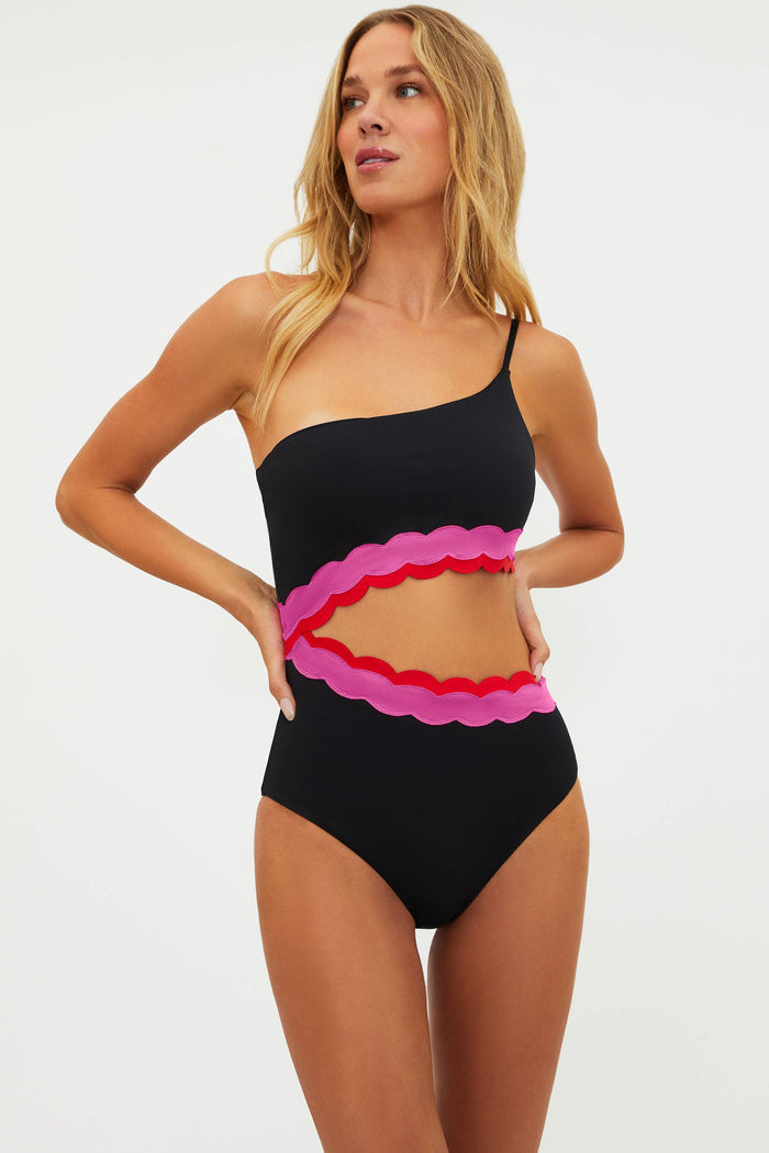 Black cut out one piece with pink scalloping