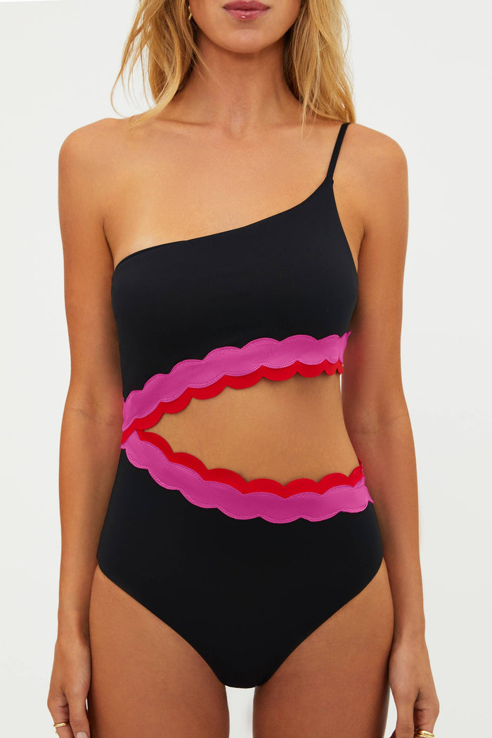 Black cut out one piece with pink scalloping