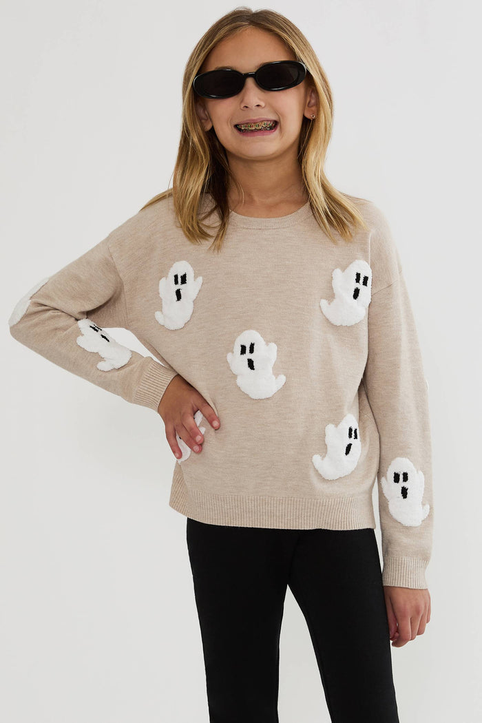 Kids oatmeal sweater with white ghosts print.