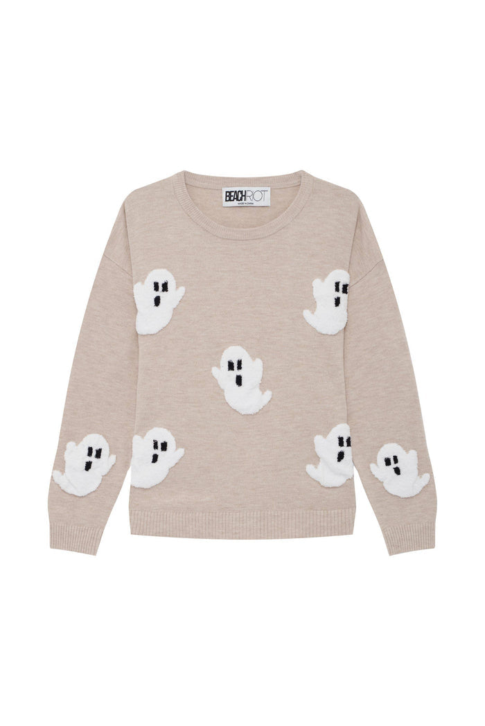 Kids oatmeal sweater with white ghosts print.