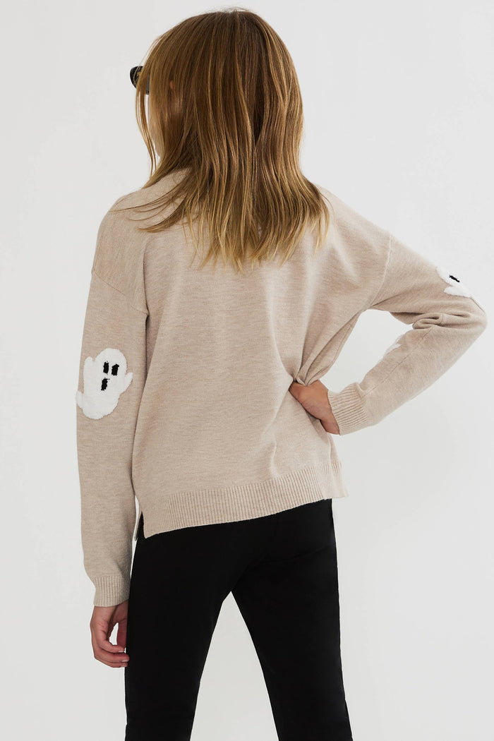 Kids oatmeal sweater with white ghosts print.