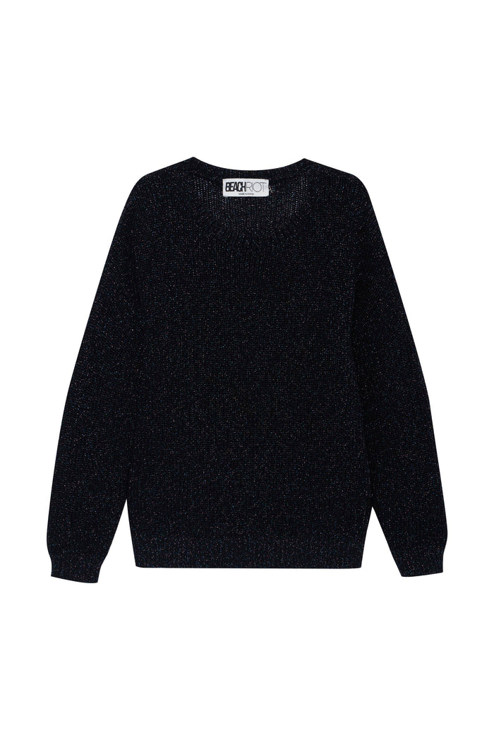 A dark navy blue knit sweater with a subtle heathered texture, featuring a crew neck and long sleeves, shown flat against a plain white background.