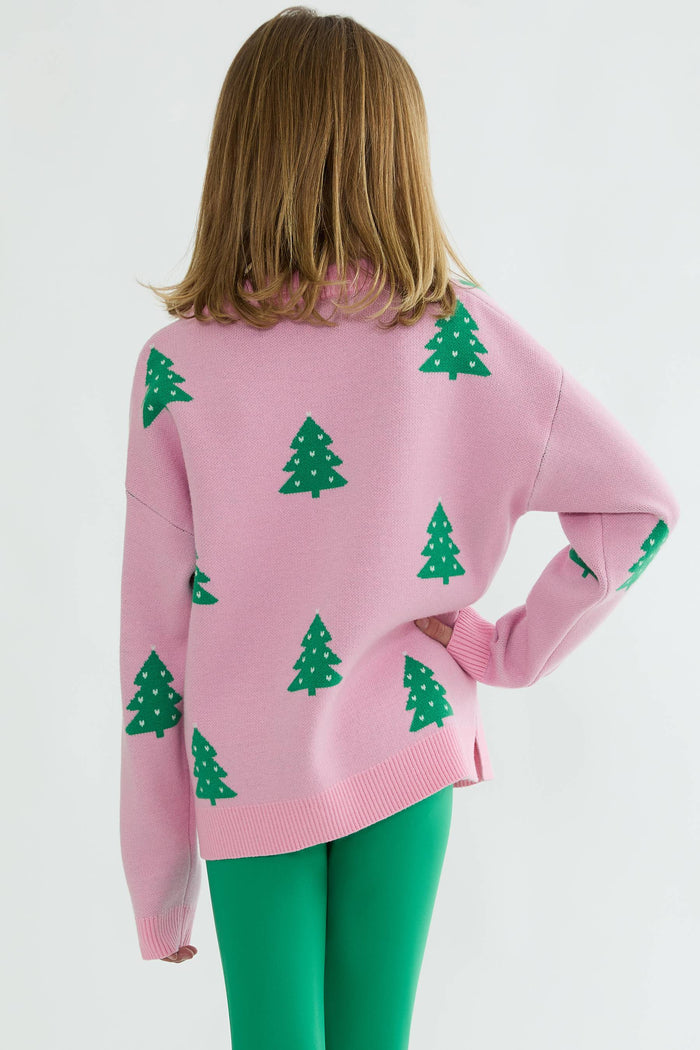 Pink kids sweater with green Christmas trees
