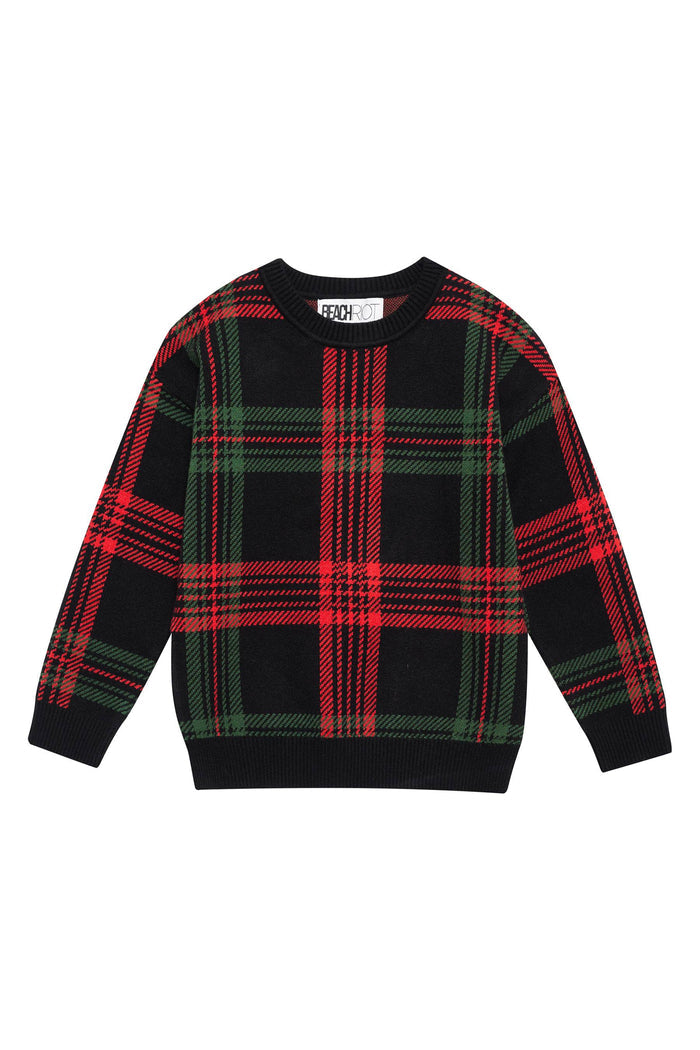 Plaid sweater with black, red, and green pattern on a white background