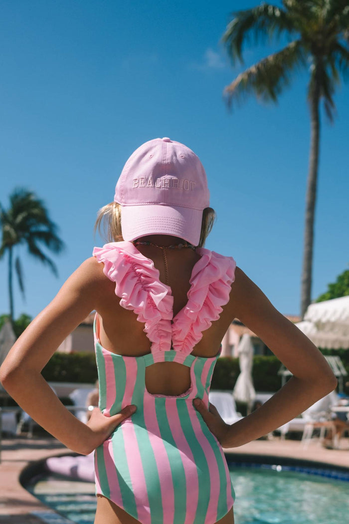 Pink and teal striped kids one piece
