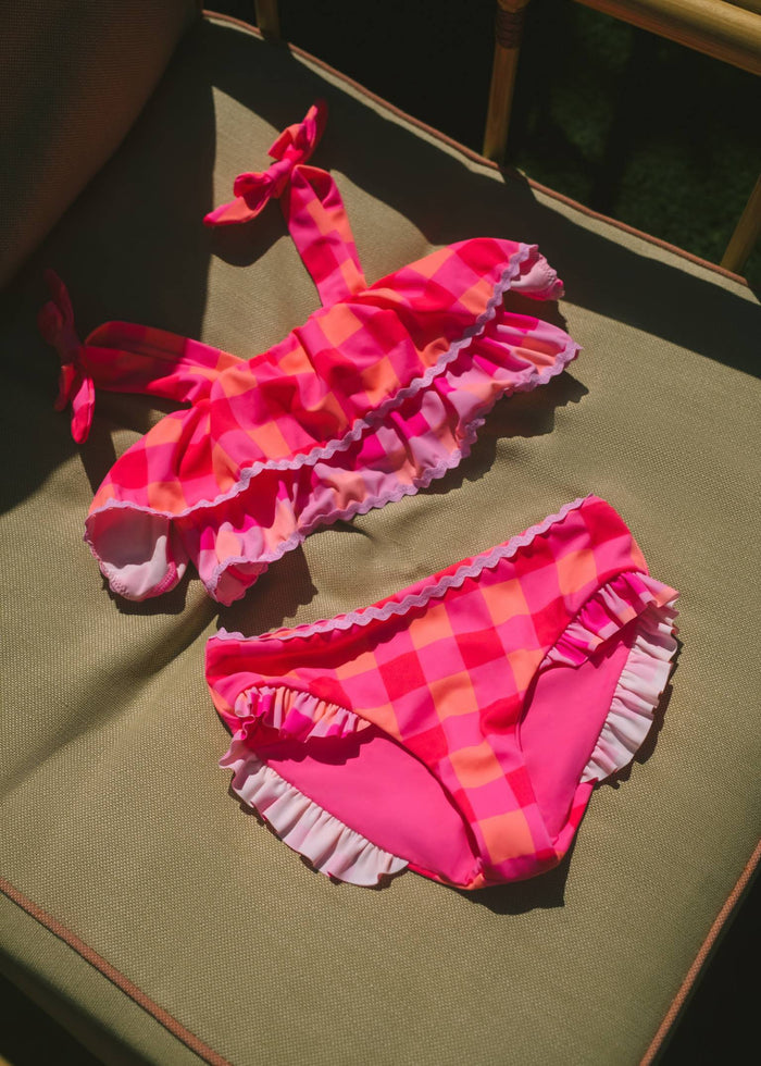 Pink and orange gingham kids bikini set