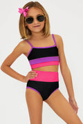 Black purple and pink color block kids bikini.