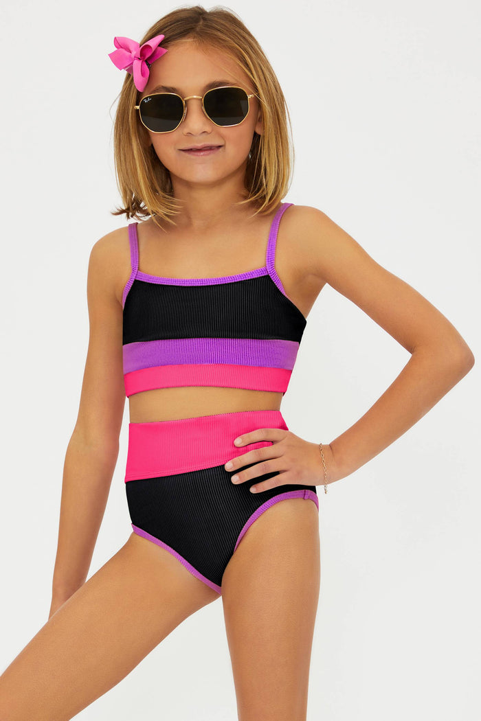 Black purple and pink color block kids bikini.
