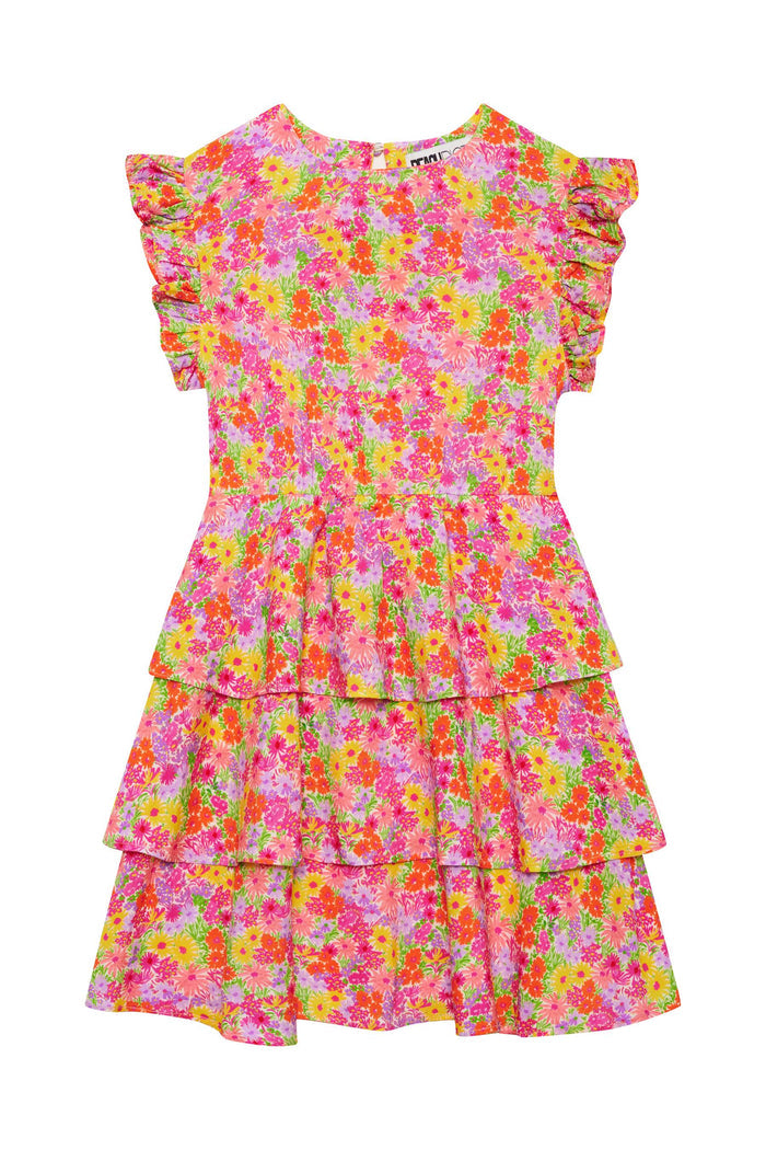 Colorful floral dress with ruffled layers on a white background