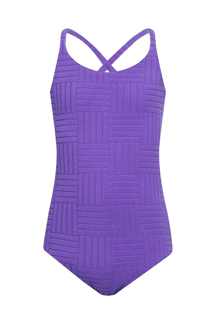 A child model wearing a purple one-piece swimsuit with a textured pattern
