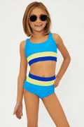 A child model wearing a two-piece swimsuit with a ribbed texture, featuring solid blue color with yellow and blue color blocks.