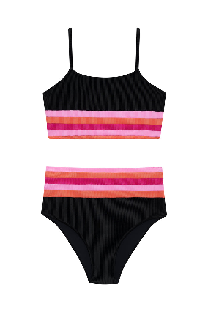 Black bikini with colorful striped design on a white background