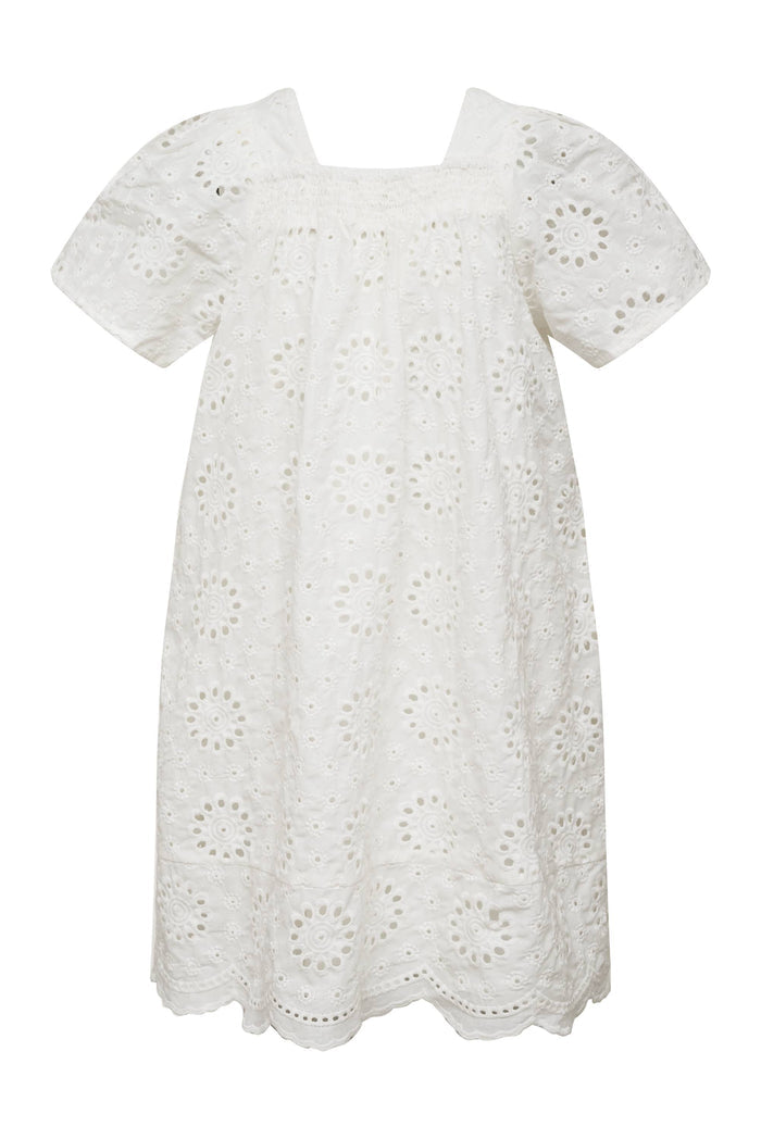 white short-sleeved dress with embroidered eyelet details and a square neckline.