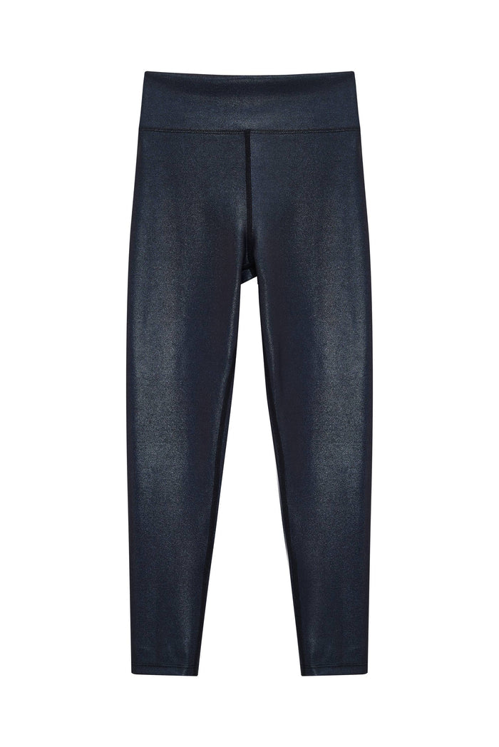 Dark navy blue high-waisted leggings with a subtle metallic sheen, shown flat against a solid white background.