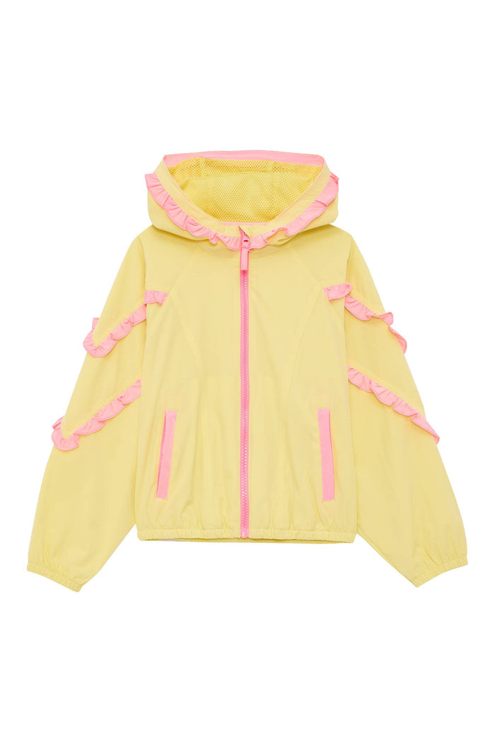 Kids yellow track shorts with pink ruffle lining.