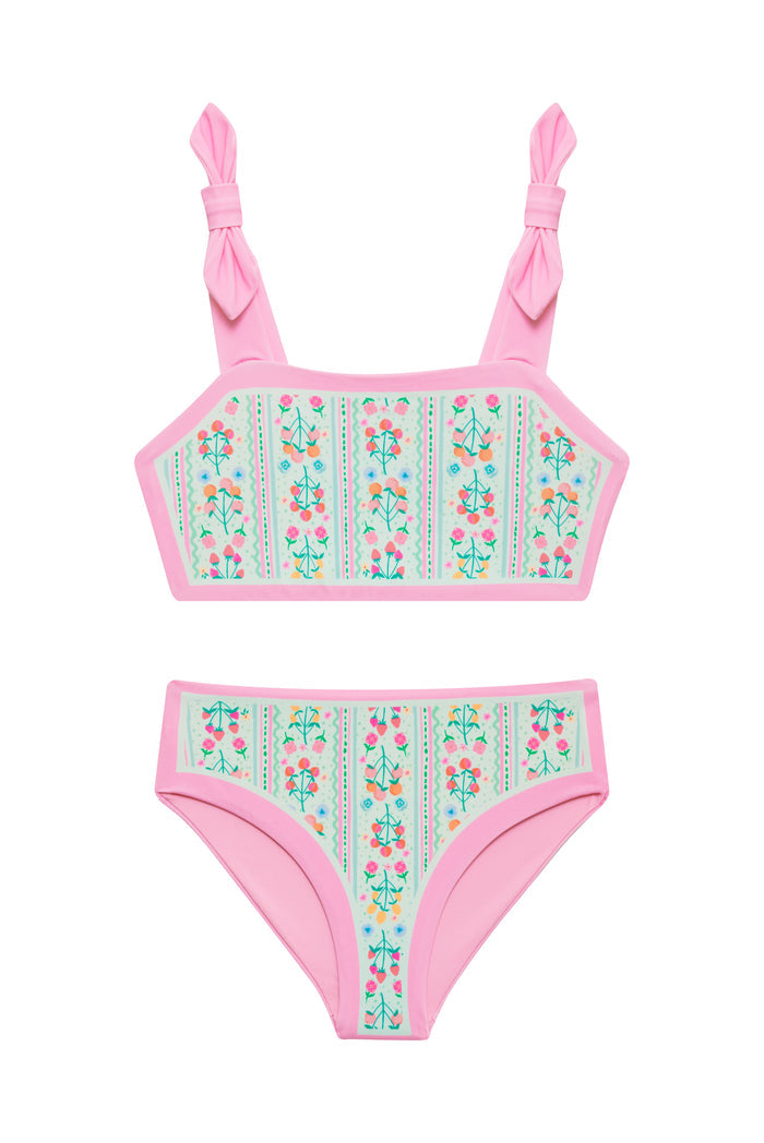 Two-piece swimsuit with floral pattern and pink straps on a white background