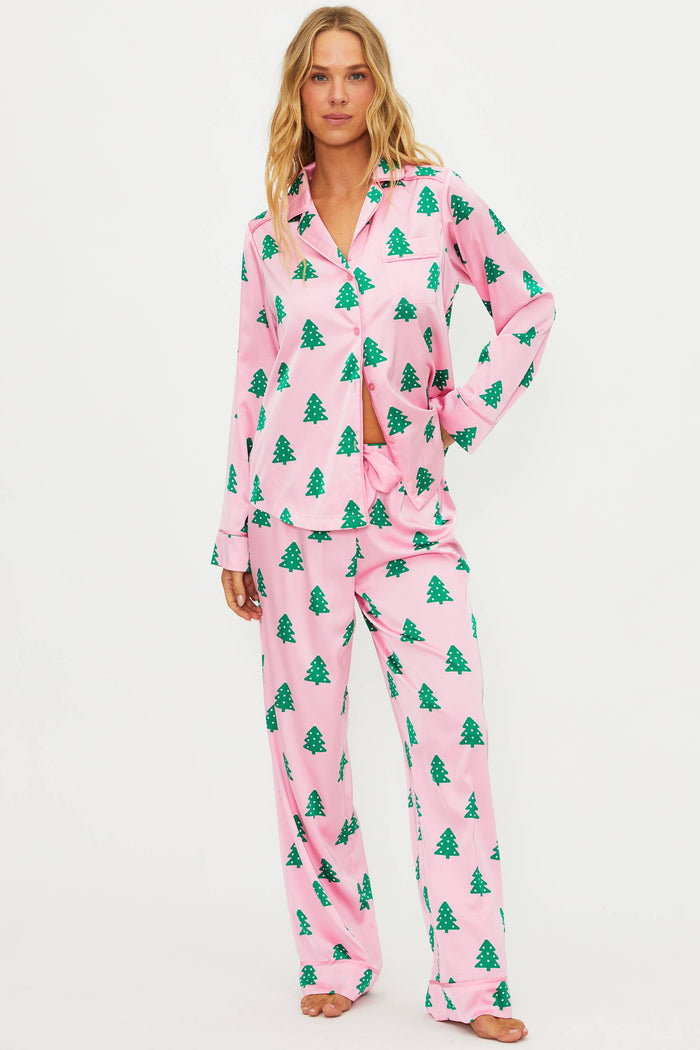Pink pj set with green christmas trees