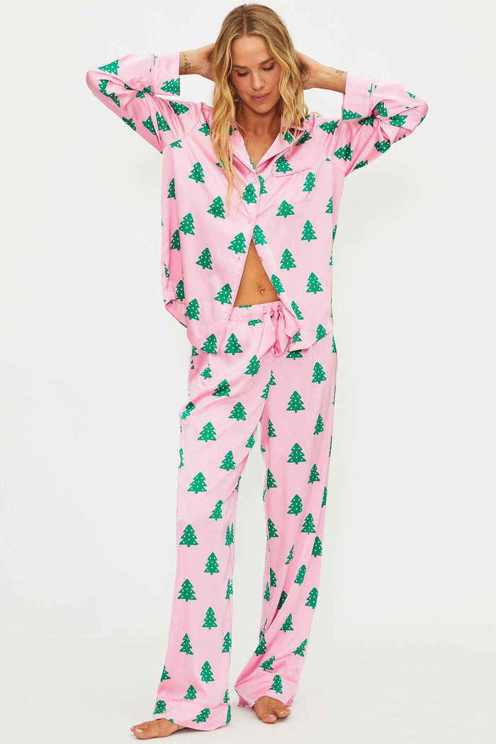 Pink pj set with green christmas trees