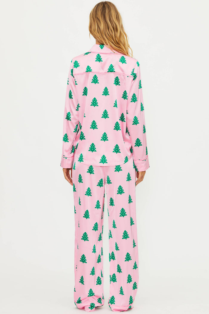 Pink pj set with green christmas trees