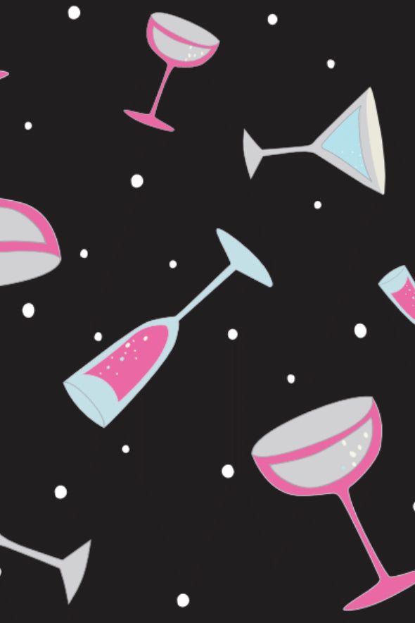 Pattern of pink and blue cocktail glasses on a black background with white polka dots.