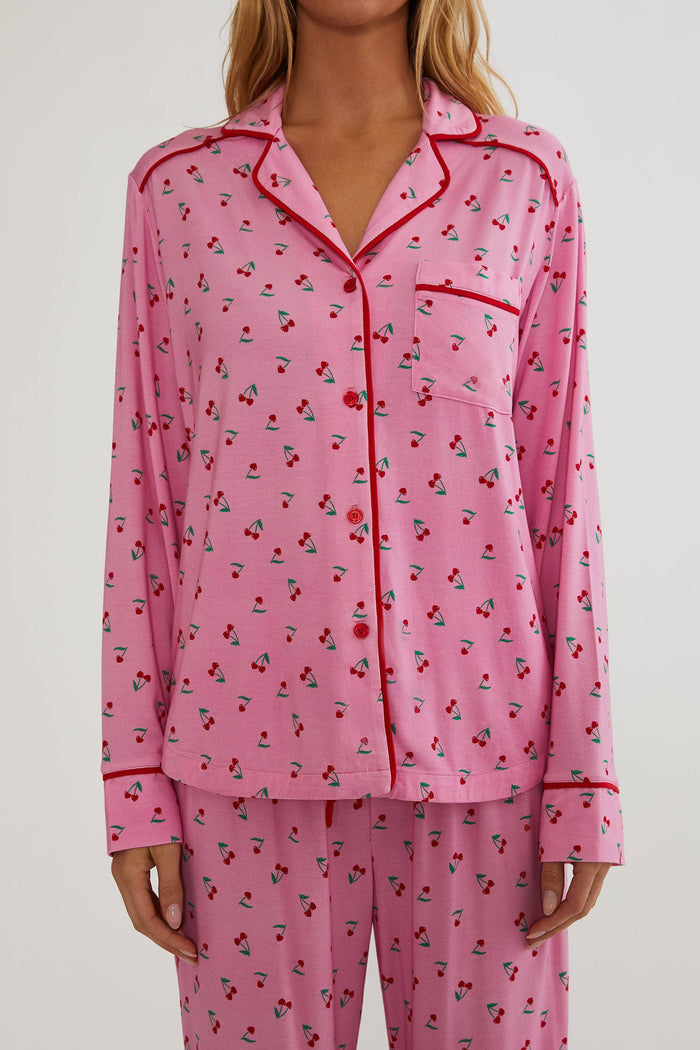 Pink pj set with red cherries