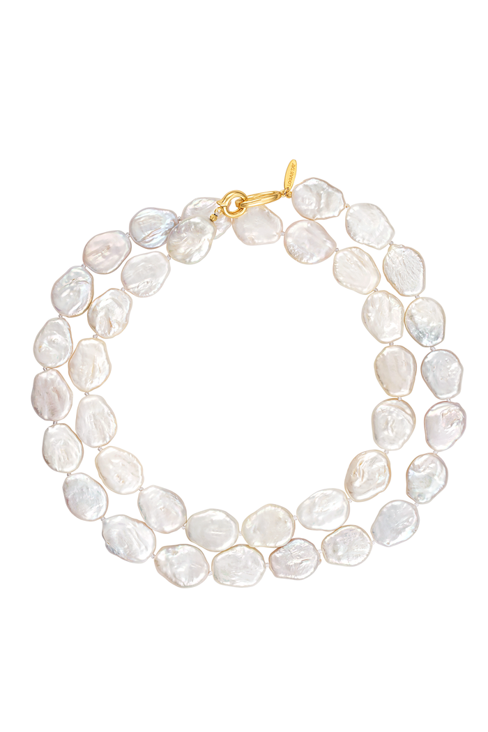 A double-strand baroque pearl necklace with a gold clasp, displayed on a clean white background.