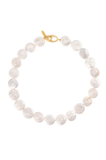 A beaded necklace made of irregular, pearly white shell-like beads with a small gold clasp, shown on a plain white background.