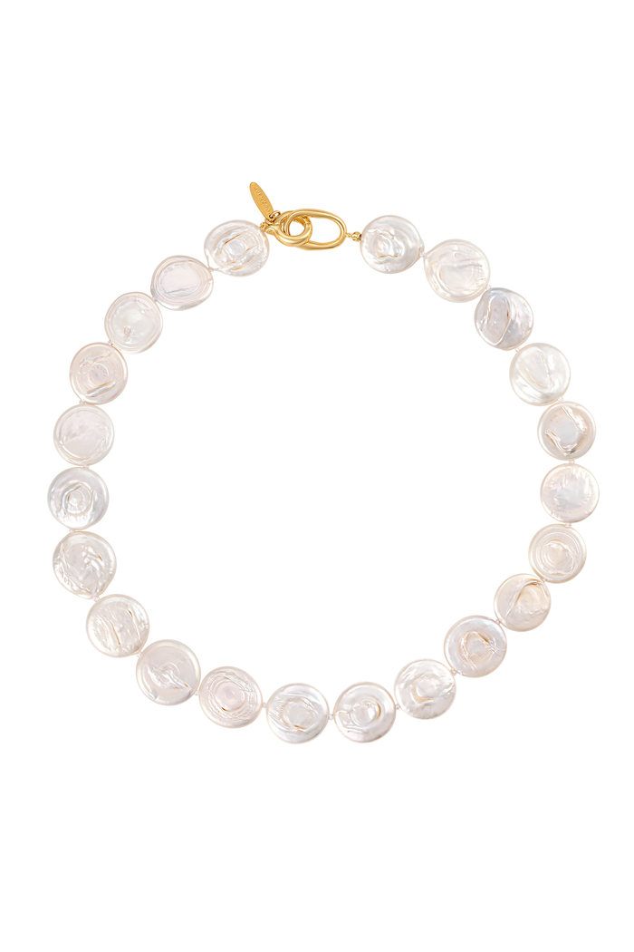 A beaded necklace made of irregular, pearly white shell-like beads with a small gold clasp, shown on a plain white background.
