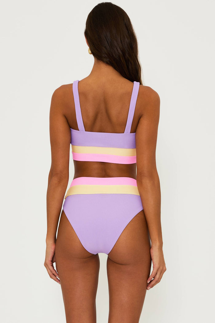 purple ribbed bikini set with pink and yellow stripped colorblock at the underband and waist