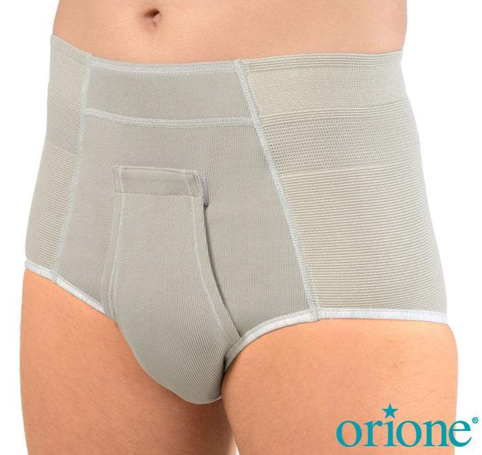 A pair of grey hernia support briefs. Hernia underwear for men.