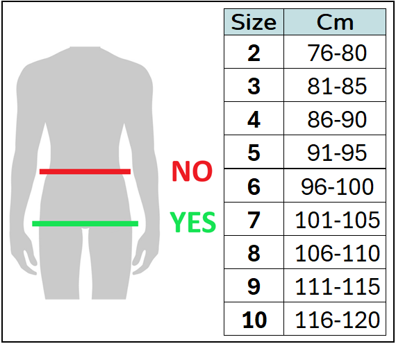 Size chart for male hernia briefs with sizes in centimetres.