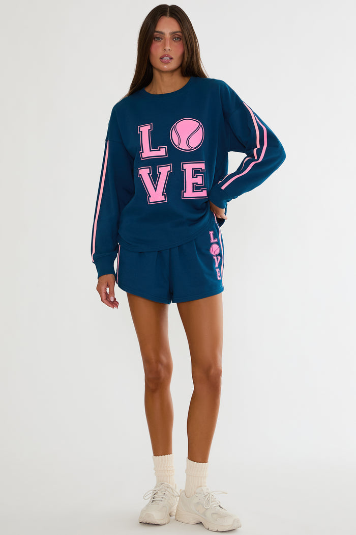 Navy sweat short with tennis pink design
