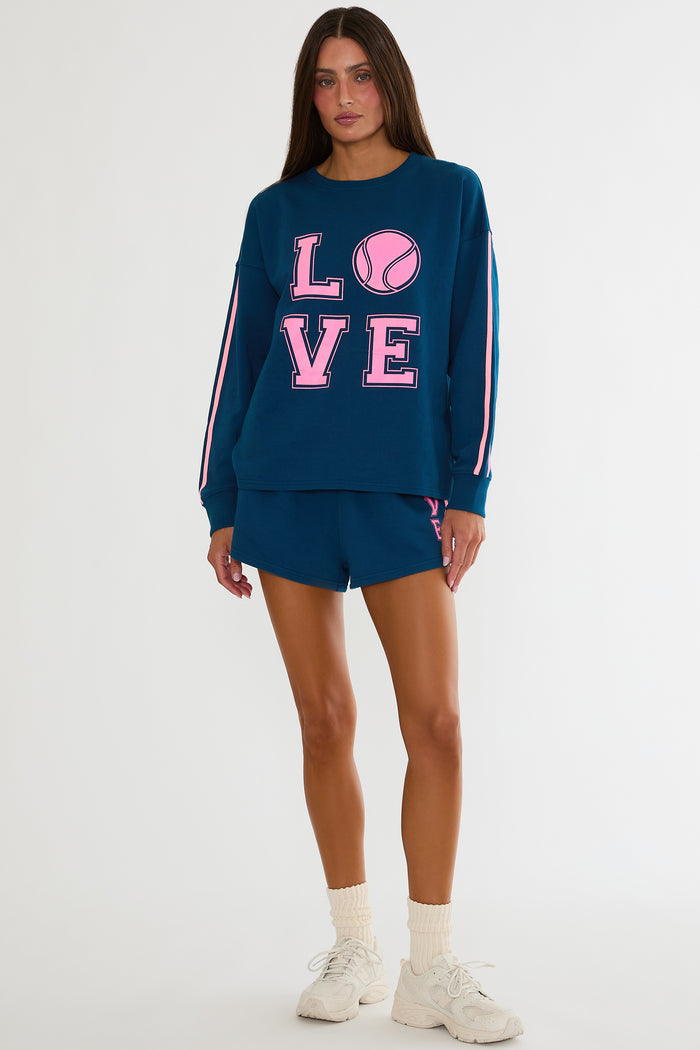 Navy sweat short with tennis pink design