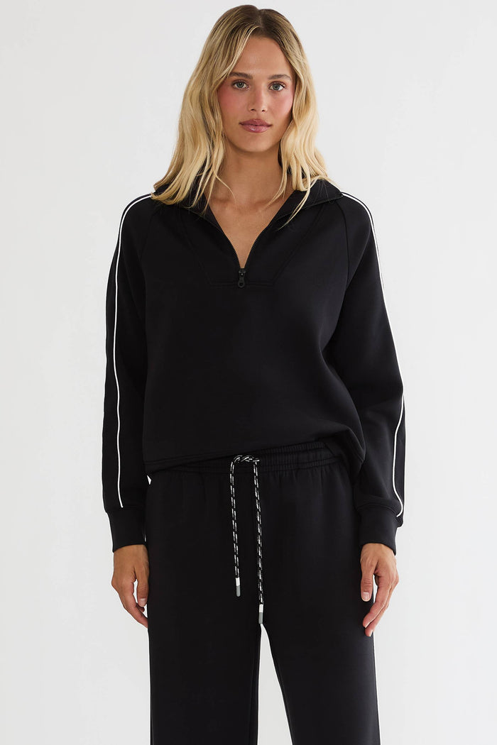 Black quarter zip track sweatshirt with white lining.