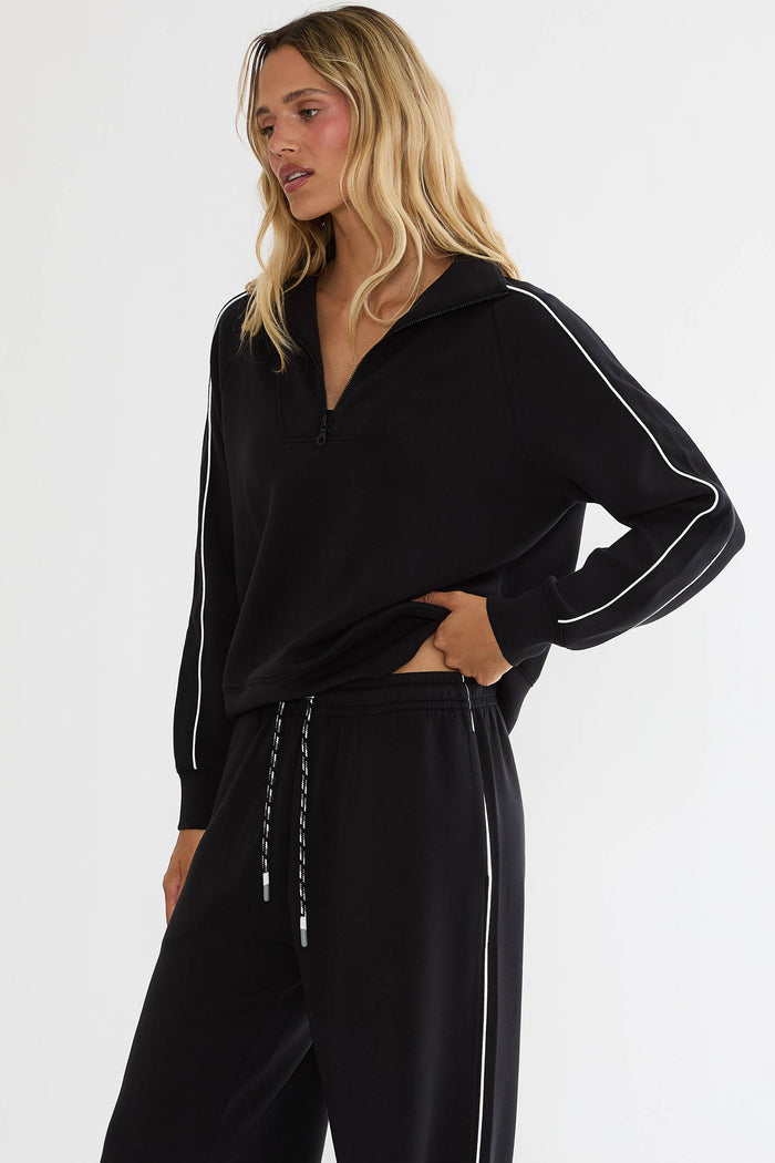 Black quarter zip track sweatshirt with white lining.