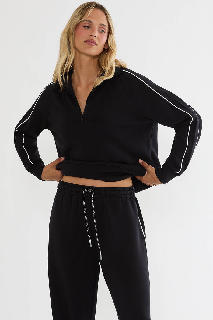Black quarter zip track sweatshirt with white lining.