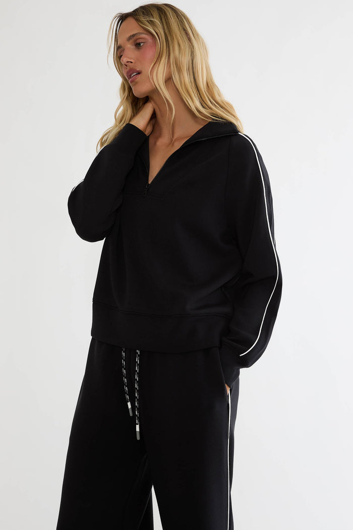 Black quarter zip track sweatshirt with white lining.