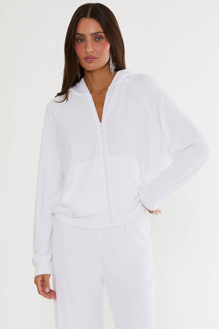White zip up sweatshirt with "bride" text on the back