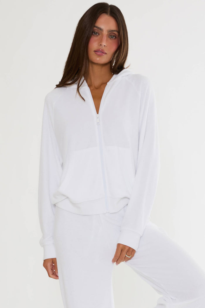 White zip up sweatshirt with "bride" text on the back