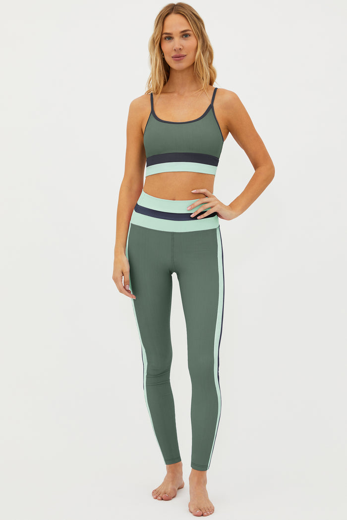sage green ribbed high waist leggings with blue and charcoal colorblock p