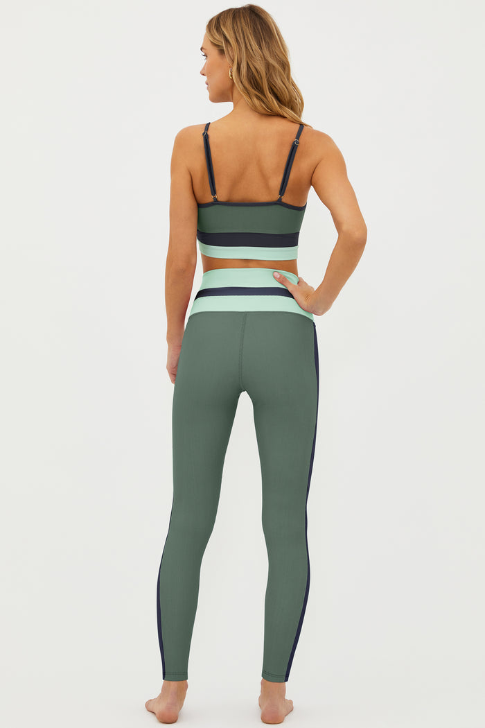 sage green ribbed high waist leggings with blue and charcoal colorblock p
