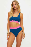 Navy high waisted bikini bottom with pink scalloping around the waist