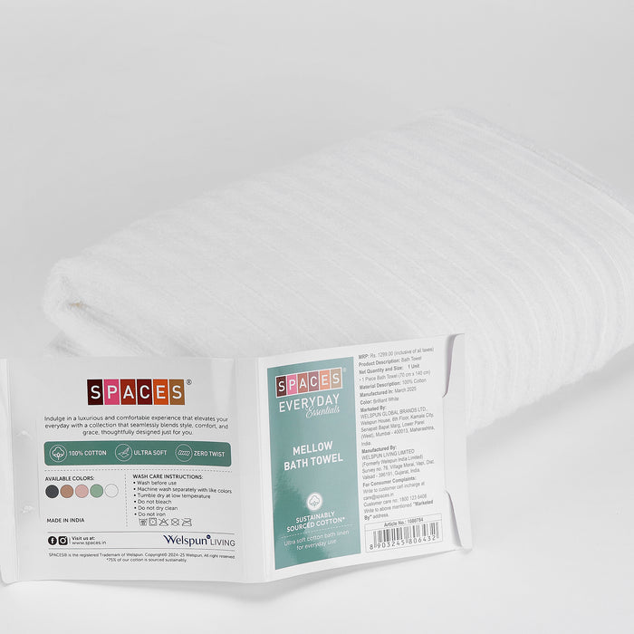 Mellow 100% Cotton Bath Towel, 350 GSM, Solid, White