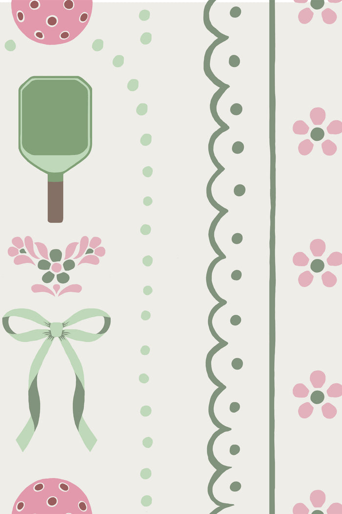Decorative paper with paddle, flowers, and polka dots on a white background