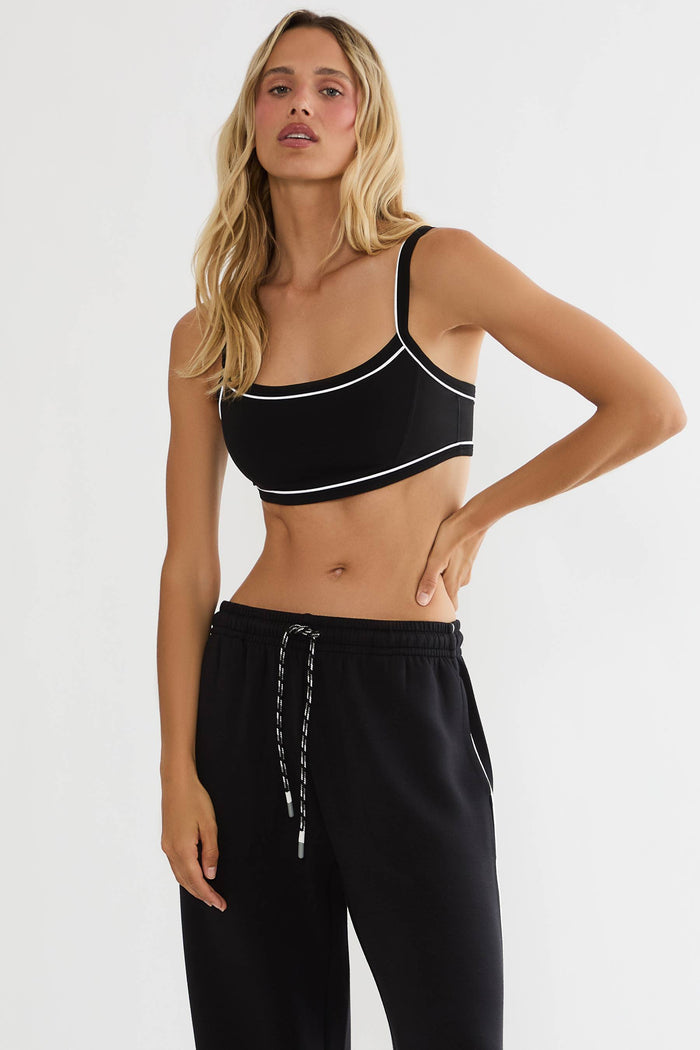 Black sports bra with white lining.