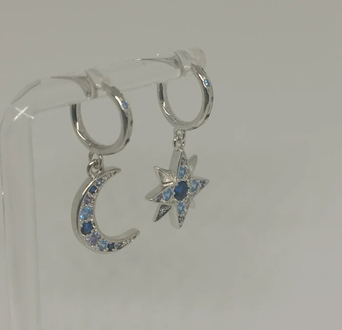 Mismatched Crescent Moon and Star Hoop Earrings with Cubic Zirconia Detailing