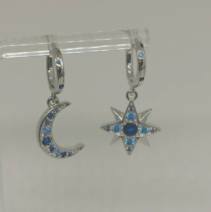 Mismatched Crescent Moon and Star Hoop Earrings with Cubic Zirconia Detailing