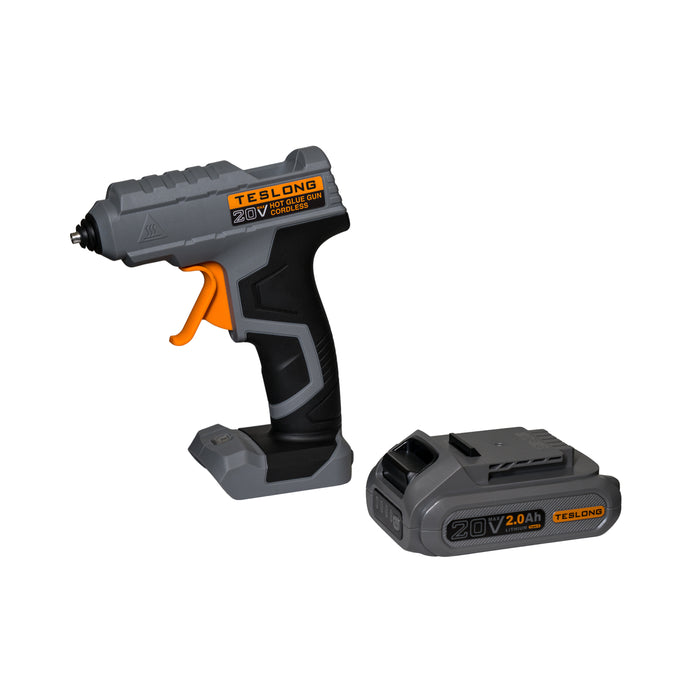 Black cordless hot glue gun with 20V battery pack and orange nozzle tip
